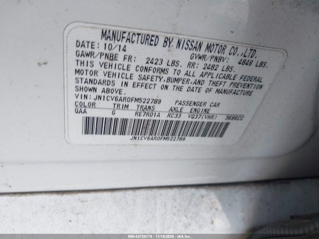2015 Infiniti Q40 მანქანა იყიდება აუქციონზე, vin: JN1CV6AR0FM522789, აუქციონის ნომერი: 43728179