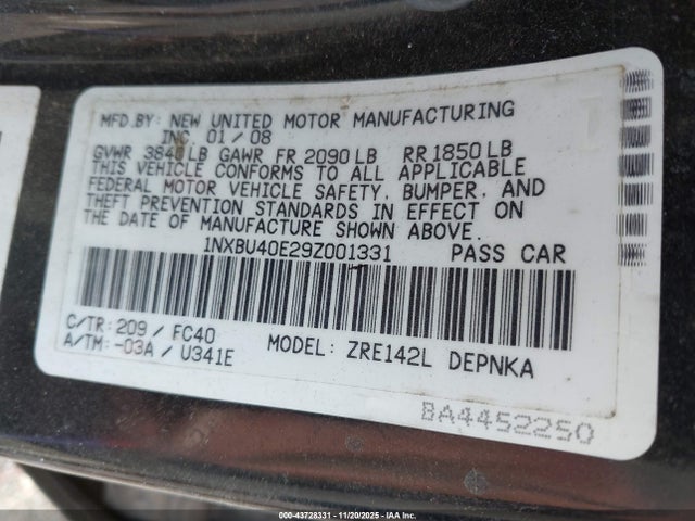Продажа на аукционе авто 2009 Toyota Corolla Xle, vin: 1NXBU40E29Z001331, номер лота: 43728331