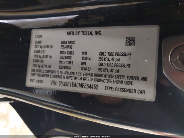 Aukcja sprzedaży 2021 Tesla Model 3 Standard Range Plus Rear-wheel Drive, vin: 5YJ3E1EA0MF854452, numer aukcji: 43728469