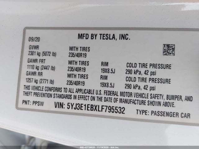 2020 TESLA MODEL 3 5YJ3E1EBXLF795532 Photo 8