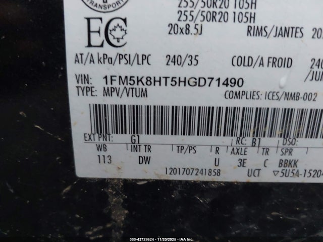 Aukcja sprzedaży 2017 Ford Explorer Platinum, vin: 1FM5K8HT5HGD71490, numer aukcji: 43728624