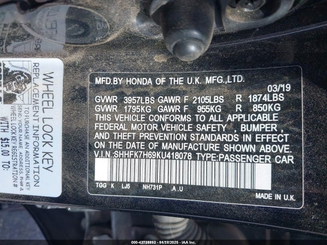 Honda CIVIC EX 2019 SHHFK7H69KU418078 Image 9