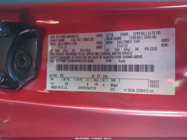 2019 FORD F-150 1FTMF1CB0KKC41230 Photo 8