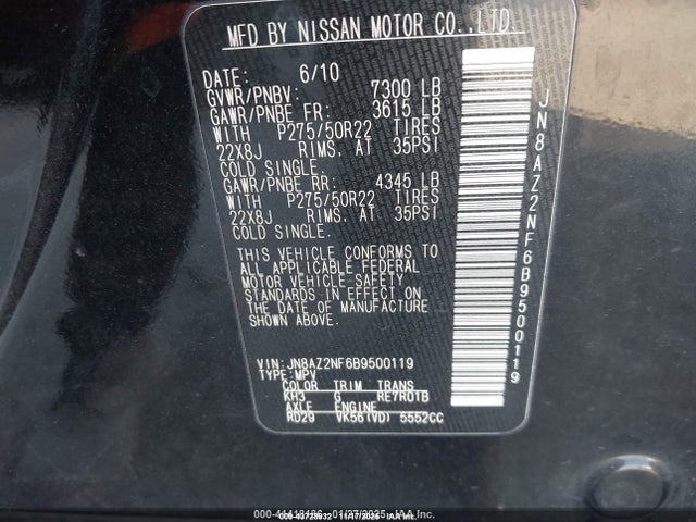 Aukcja sprzedaży 2011 Infiniti Qx56, vin: JN8AZ2NF6B9500119, numer aukcji: 43728932
