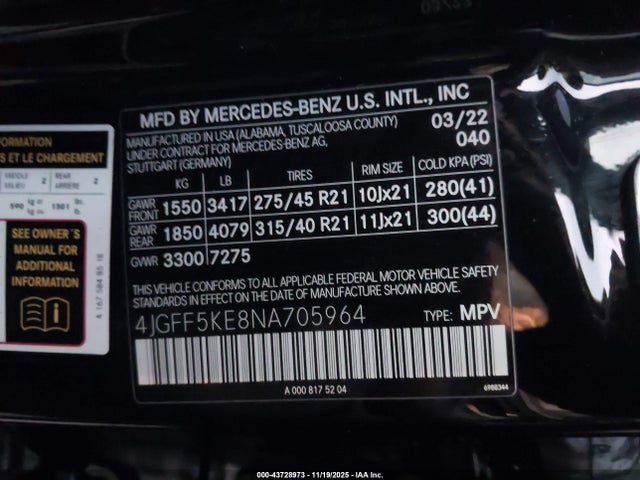43728973 :رقم المزاد ، 4JGFF5KE8NA705964 vin ، 2022 Mercedes-benz Gls 450 4matic مزاد بيع