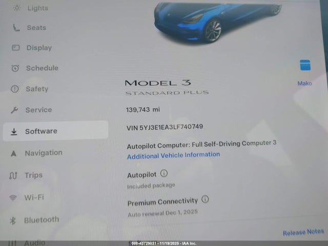 43729031 :رقم المزاد ، 5YJ3E1EA3LF740749 vin ، 2020 Tesla Model 3 Standard Range Plus Rear-wheel Drive/standard Range Rear-wheel Drive مزاد بيع