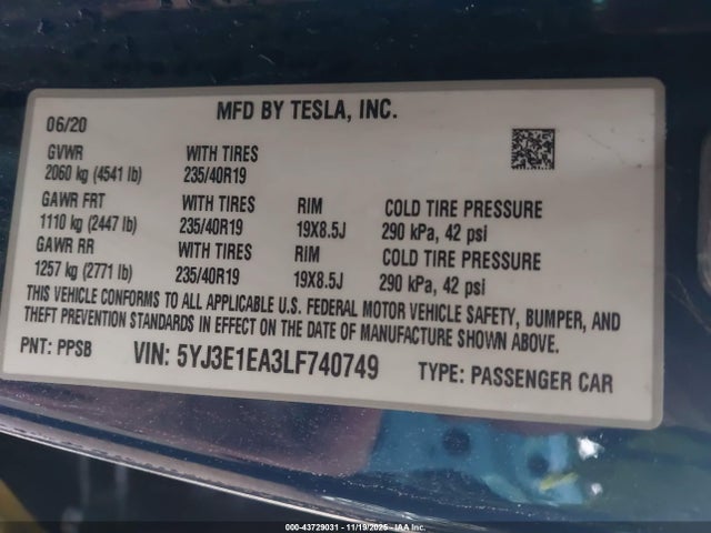 43729031 :رقم المزاد ، 5YJ3E1EA3LF740749 vin ، 2020 Tesla Model 3 Standard Range Plus Rear-wheel Drive/standard Range Rear-wheel Drive مزاد بيع