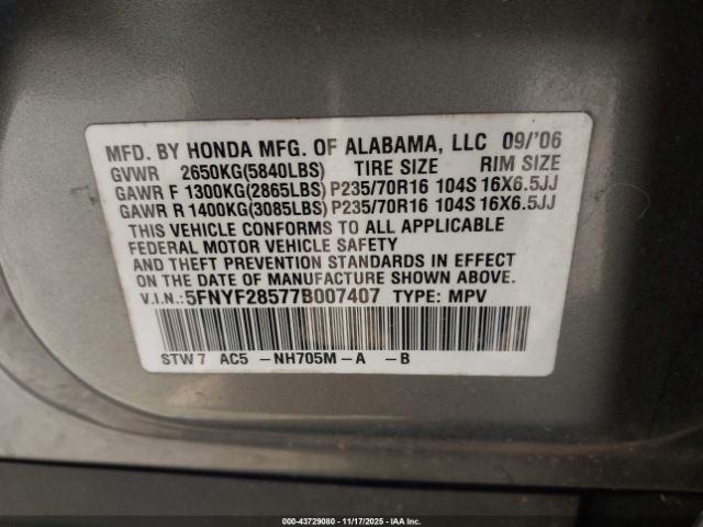 2007 HONDA PILOT 5FNYF28577B007407 Photo 8