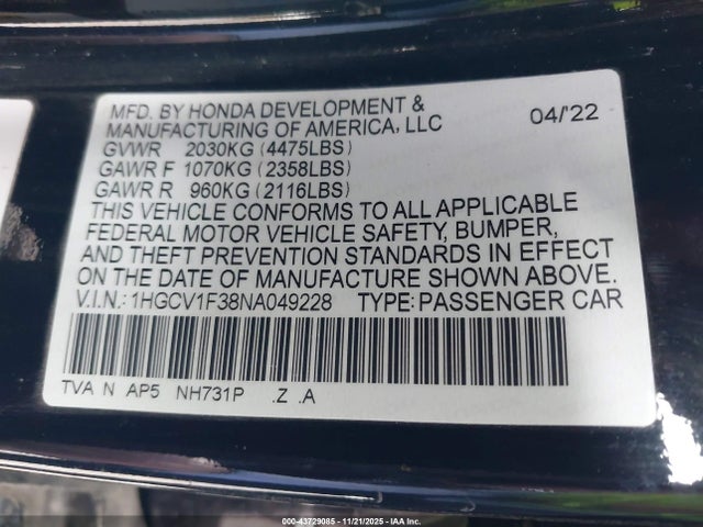 1HGCV1F38NA049228 Honda Accord Sport