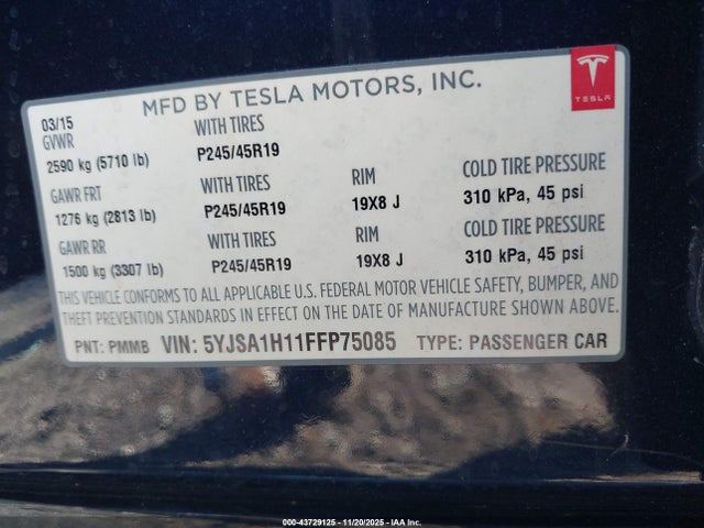 2015 TESLA MODEL S 5YJSA1H11FFP75085 Photo 8