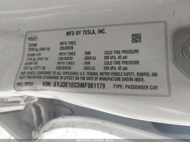 2021 TESLA MODEL 3 5YJ3E1EC5MF981179 Photo 8