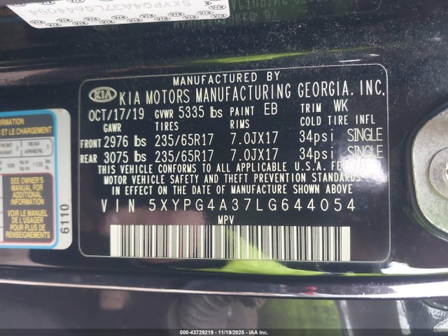 Aukcja sprzedaży 2020 Kia Sorento 2.4l L, vin: 5XYPG4A37LG644054, numer aukcji: 43729219