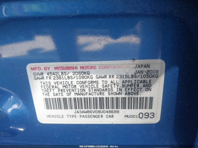 2008 MITSUBISHI LANCER EVOLUTION JA3AW86V08U048699 Photo 8