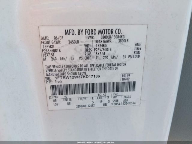 2007 FORD F-150 1FTRW12W37KD17136 Photo 8