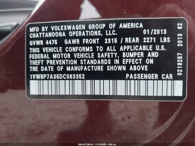 Продаж на аукціоні авто 2013 Volkswagen Passat 2.5l Se, vin: 1VWBP7A35DC083352, номер лоту: 43729414