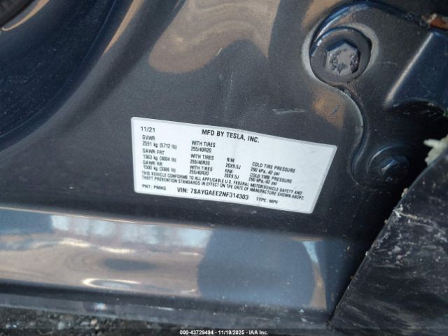 2022 TESLA MODEL Y 7SAYGAEE2NF314303 Photo 8