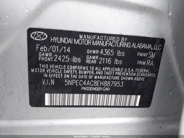 43729545 :رقم المزاد ، 5NPEC4AC8EH887953 vin ، 2014 Hyundai Sonata Limited مزاد بيع