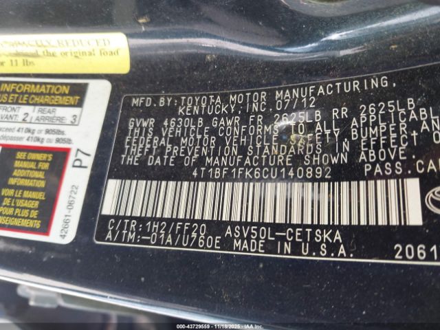 2012 TOYOTA CAMRY 4T1BF1FK6CU140892 Photo 8