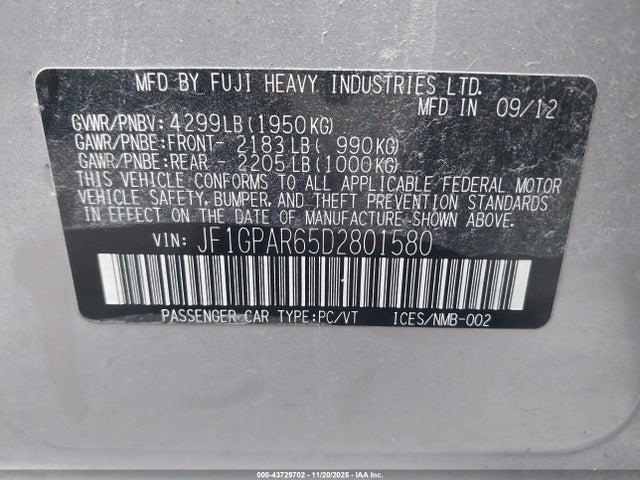 Продаж на аукціоні авто 2013 Subaru Impreza 2.0i Sport Limited, vin: JF1GPAR65D2801580, номер лоту: 43729702