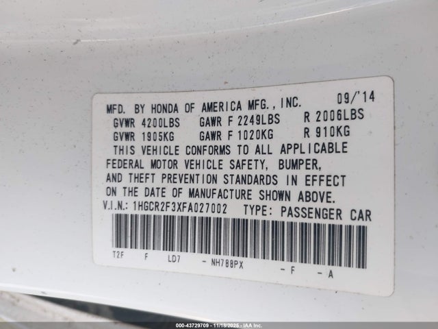 Продажа на аукционе авто 2015 Honda Accord Lx, vin: 1HGCR2F3XFA027002, номер лота: 43729709
