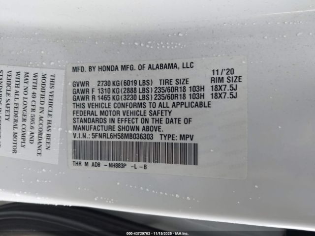 2021 HONDA ODYSSEY 5FNRL6H58MB036303 Photo 8