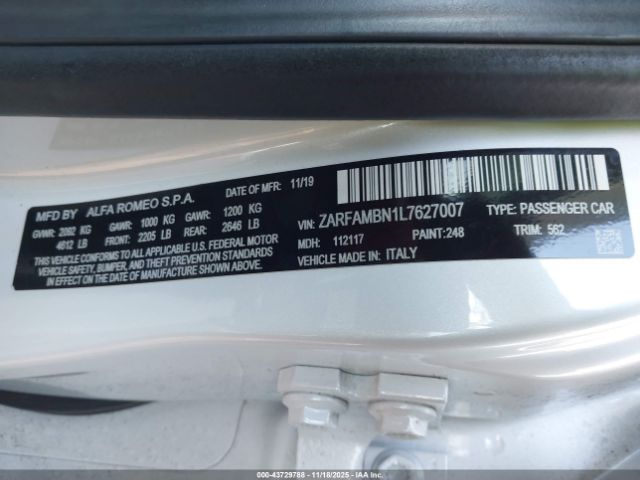 2020 ALFA ROMEO GIULIA ZARFAMBN1L7627007 Photo 8