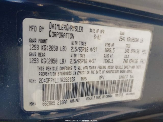 2001 CHRYSLER TOWN & COUNTRY 2C4GP74L11R392159 Photo 8