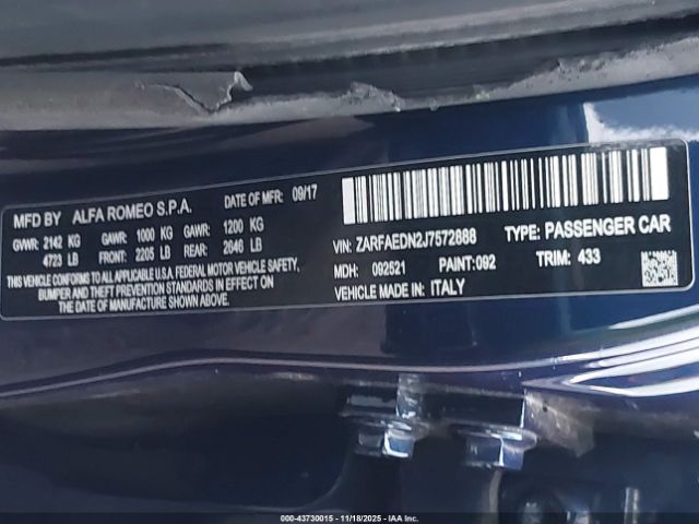 2018 ALFA ROMEO GIULIA ZARFAEDN2J7572888 Photo 8