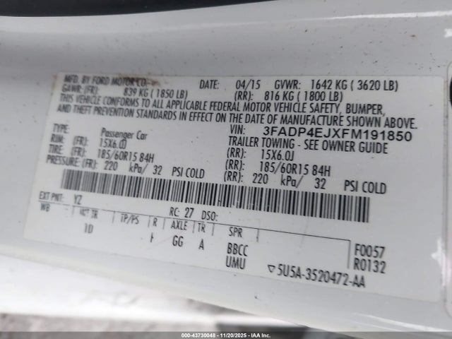 Продаж на аукціоні авто 2015 Ford Fiesta Se, vin: 3FADP4EJXFM191850, номер лоту: 43730048