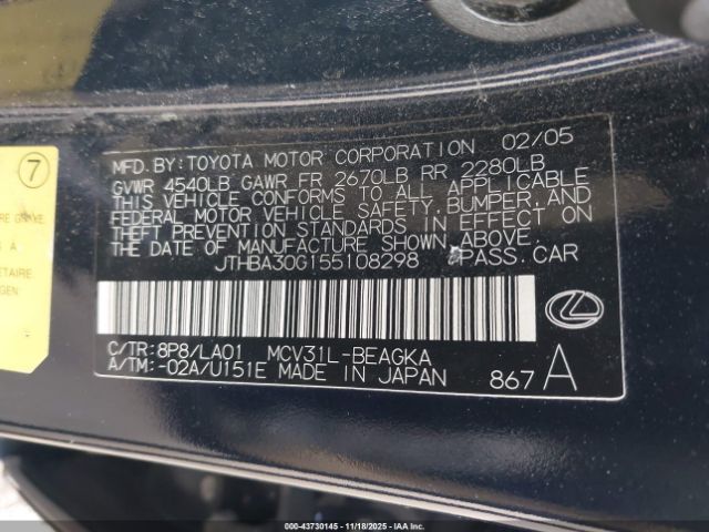 2005 LEXUS ES 330 JTHBA30G155108298 Photo 8
