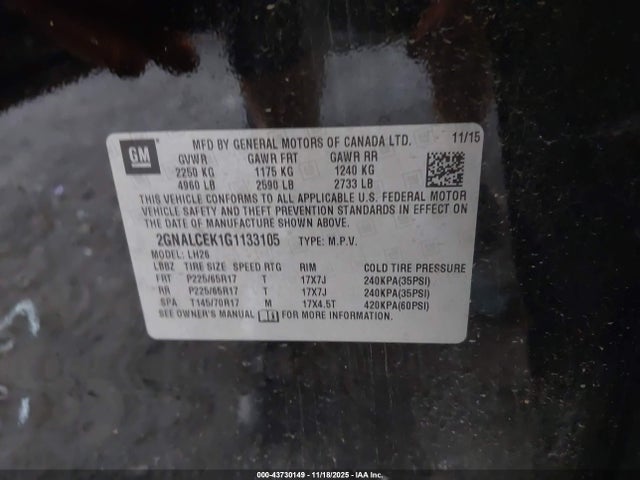 43730149 :رقم المزاد ، 2GNALCEK1G1133105 vin ، 2016 Chevrolet Equinox Lt مزاد بيع