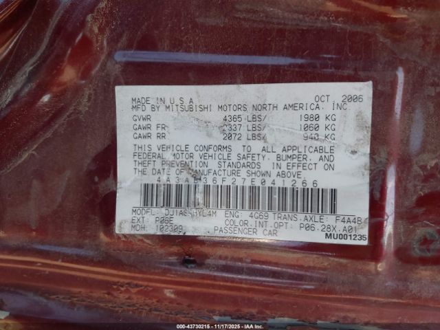 2007 MITSUBISHI GALANT 4A3AB36F27E041266 Photo 8