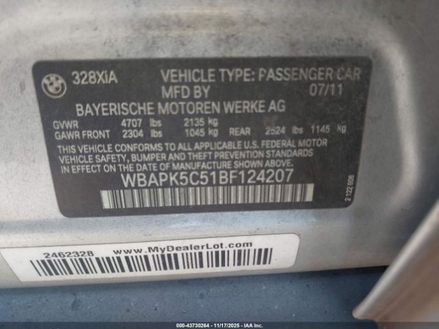 2011 BMW 328I WBAPK5C51BF124207 Photo 8