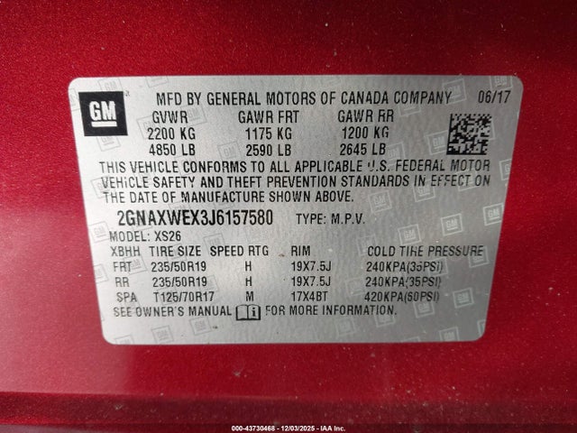 Aukcja sprzedaży 2018 Chevrolet Equinox Premier, vin: 2GNAXWEX3J6157580, numer aukcji: 43730468