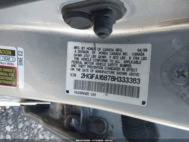 43730494 :رقم المزاد ، 2HGFA16878H333363 vin ، 2008 Honda Civic Ex مزاد بيع