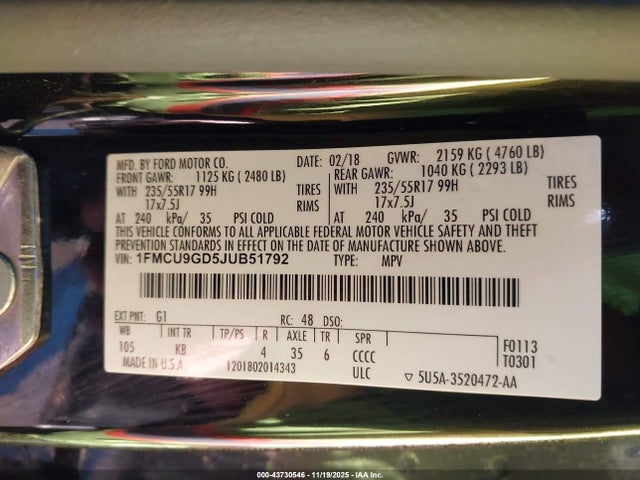 2018 Ford Escape Se მანქანა იყიდება აუქციონზე, vin: 1FMCU9GD5JUB51792, აუქციონის ნომერი: 43730546