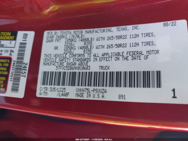 2022 TOYOTA TUNDRA HYBRID 5TFVC5DB6NX010603 Photo 8