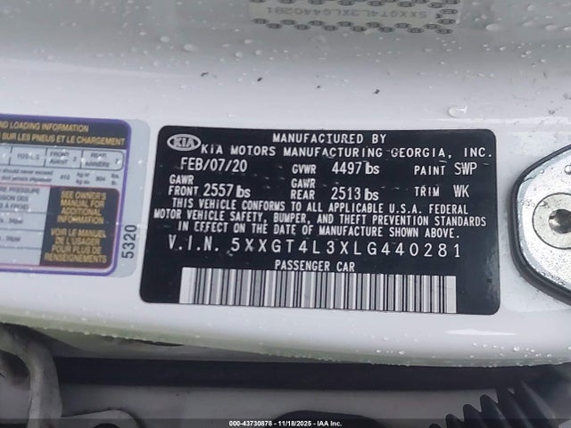 43730878 :رقم المزاد ، 5XXGT4L3XLG440281 vin ، 2020 Kia Optima Se مزاد بيع