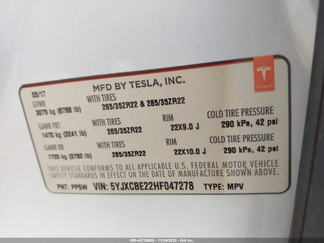 Продажа на аукционе авто 2017 Tesla Model X 100d/75d/90d, vin: 5YJXCBE22HF047278, номер лота: 43730905