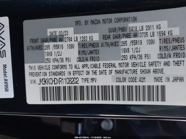 Aukcja sprzedaży 2024 Mazda Cx-90 3.3 Turbo Preferred Plus, vin: JM3KKCHDXR1108202, numer aukcji: 43730916