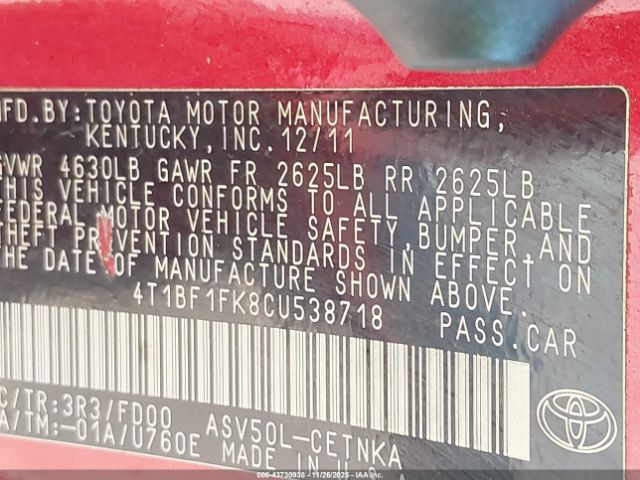 2012 TOYOTA CAMRY 4T1BF1FK8CU538718 Photo 8