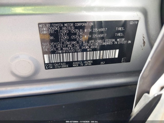 Продажа на аукционе авто 2019 Toyota Rav4 Xle, vin: JTMW1RFV1KD511582, номер лота: 43730984