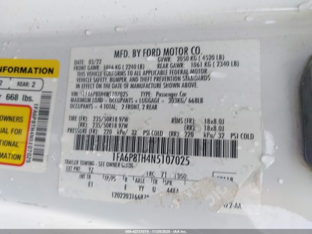 2022 FORD MUSTANG 1FA6P8TH4N5107025 Photo 8