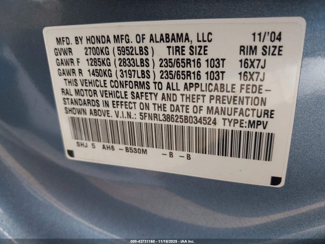 2005 HONDA ODYSSEY 5FNRL38625B034524 Photo 8