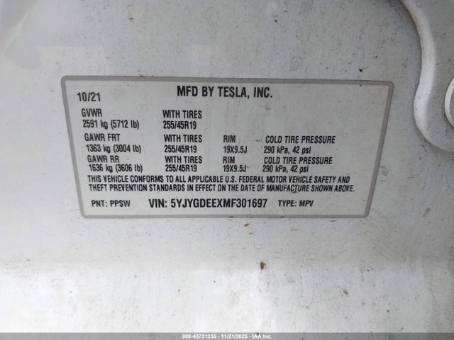 Aukcja sprzedaży 2021 Tesla Model Y Long Range Dual Motor All-wheel Drive, vin: 5YJYGDEEXMF301697, numer aukcji: 43731235