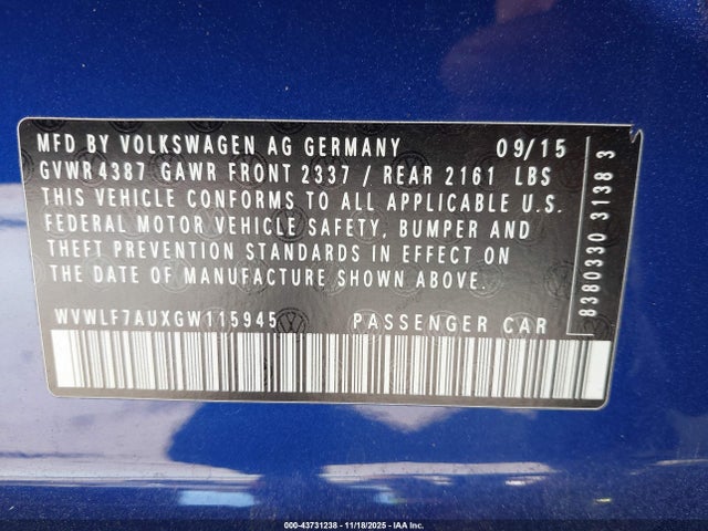 43731238 :رقم المزاد ، WVWLF7AUXGW115945 vin ، 2016 Volkswagen Golf R 4-door مزاد بيع