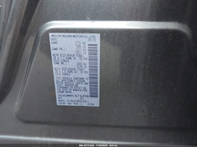 Nissan Pathfinder Sl 2015 5N1AR2MM9FC676498 Image 9