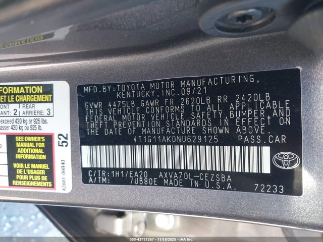 4T1G11AK0NU629125 Toyota CAMRY SE
