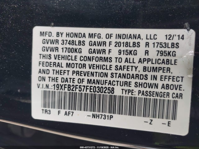 Aukcja sprzedaży 2015 Honda Civic Lx, vin: 19XFB2F57FE030258, numer aukcji: 43731272