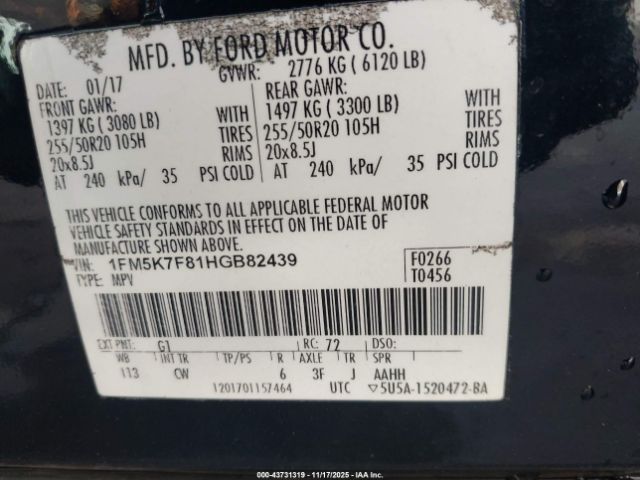 2017 FORD EXPLORER 1FM5K7F81HGB82439 Photo 8